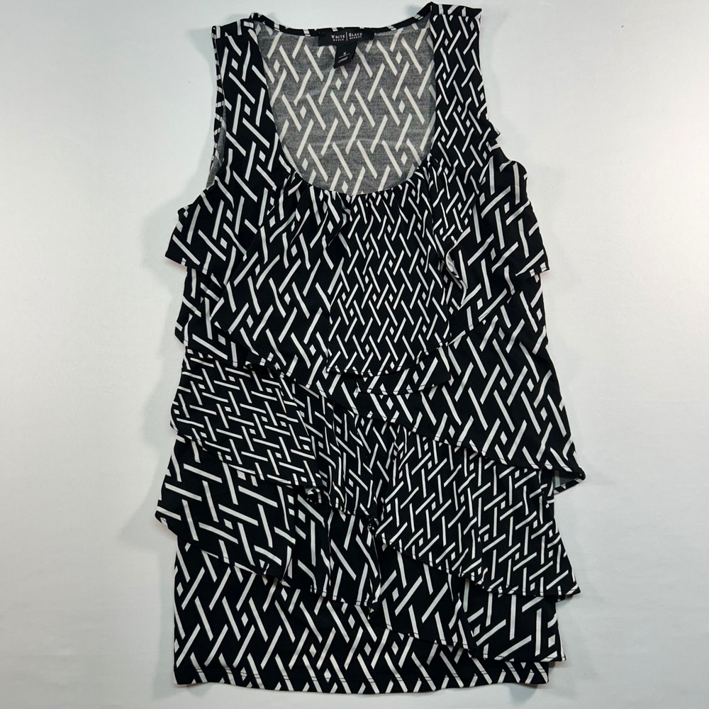 White House Black‎ Market Geometric Tiered Ruffle Tank Top Black White Small